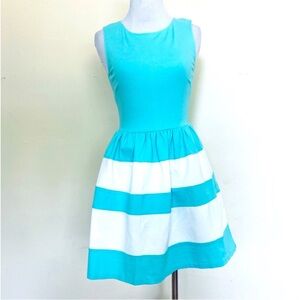SAKS FIFTH AVENUE Skater Stripe Mini Dress Turquoise Blue & White Small
